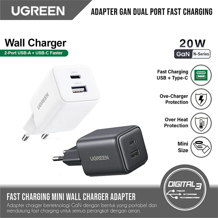 מטען קיר Ugreen X514 20W GaN – קומפקטי, כפול ומהיר במיוחד - Image 2
