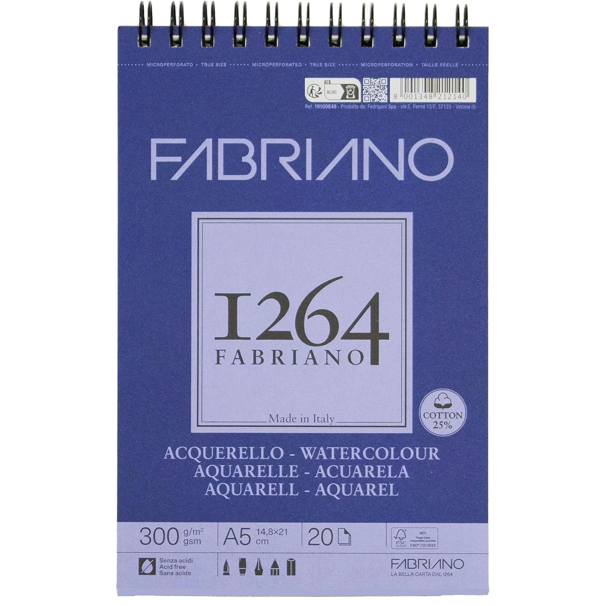 בלוק ציור מקצועי A5 ספירלה 19100648 300גרם Fabriano 1264