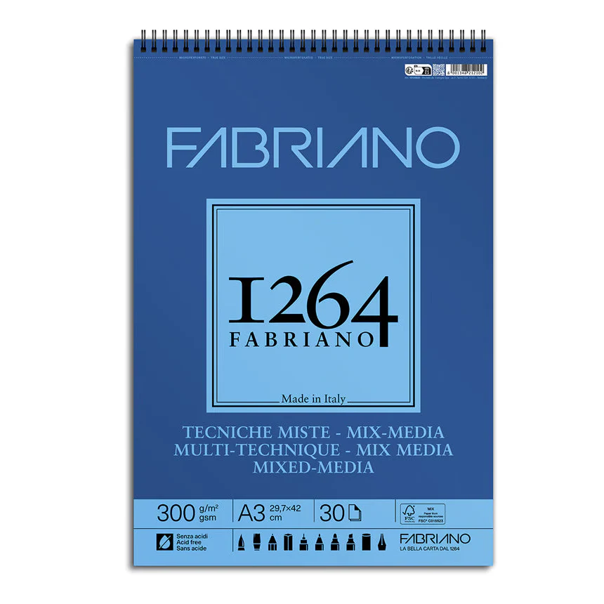 בלוק ציור מקצועי A3 ספירלה 19100644 300 גרם Fabriano Mix Media 1264
