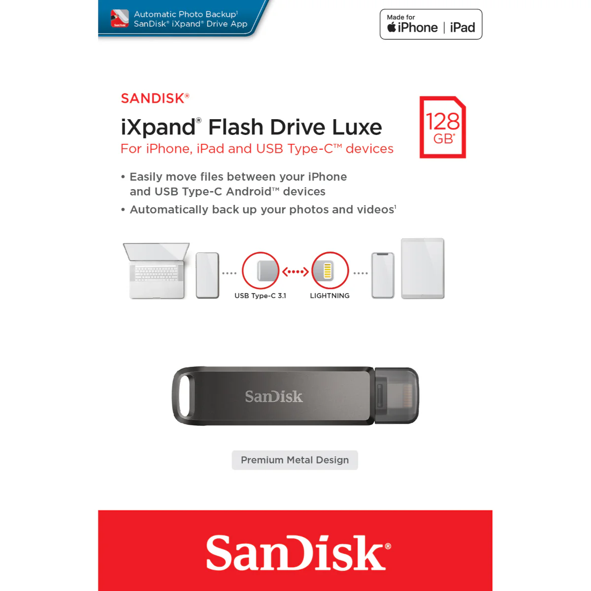 זיכרון נייד SanDisk iXpand Luxe USB-C + Lightning 128GB - Image 2