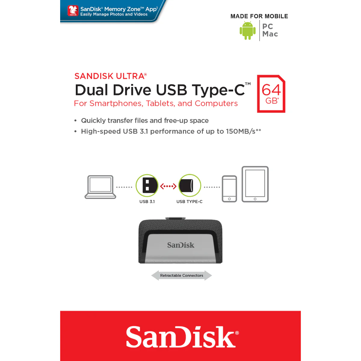 זיכרון נייד SanDisk Ultra Dual Drive USB Type-C 64GB - Image 2