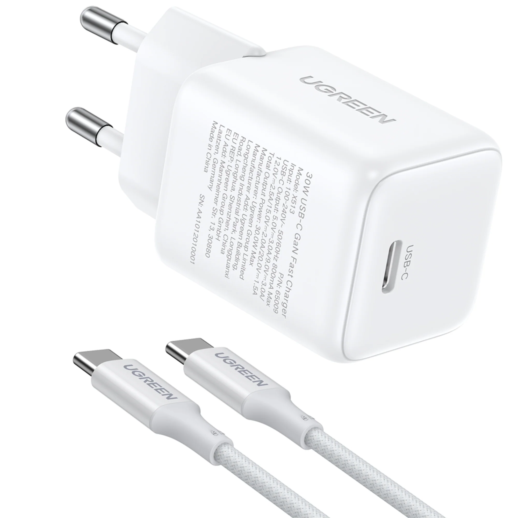מטען קיר Gan 30W חיבור USB-C וכבל Ugreen Type-C