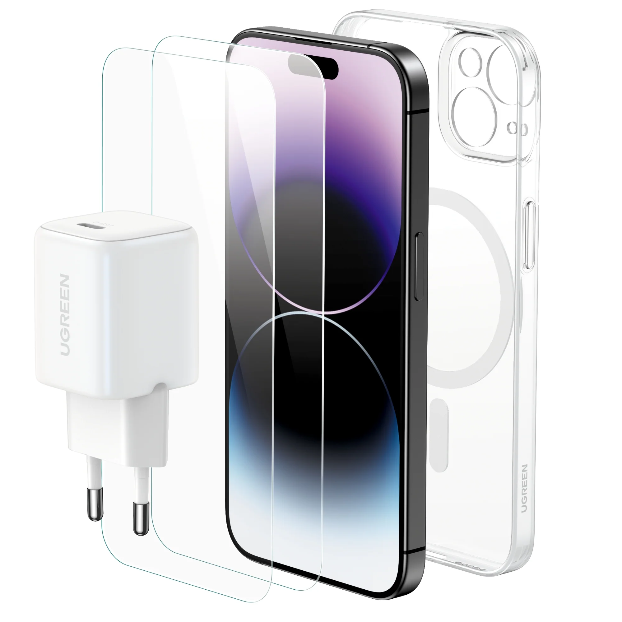 באנדל אביזרים ל- iPhone 16 Plus הכולל: מטען קיר 30W + כיסוי Magsafe + זוג מגני מסך זכוכית