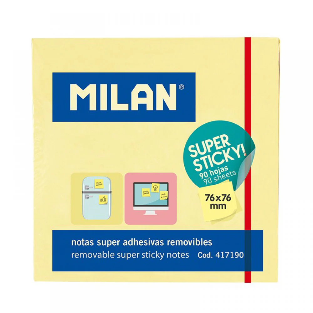 90 פתקיות דביקות במיוחד 76*76 מ"מ Milan צהוב